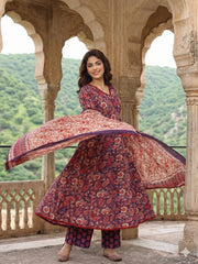 Jaitpuriya Purple And Red Pure Cotton A-line Regular Kurta Set