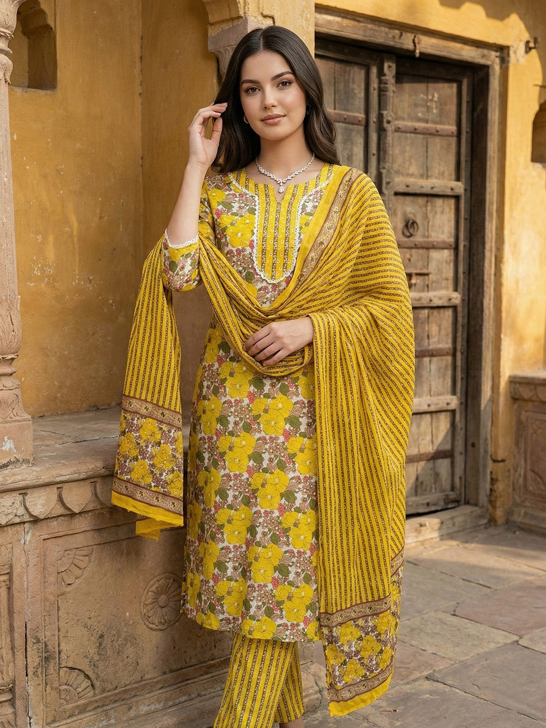 Jaitpuriya Yellow And White Pure Cotton Straight Regular Kurta Set