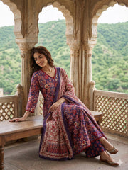 Jaitpuriya Purple And Red Pure Cotton A-line Regular Kurta Set