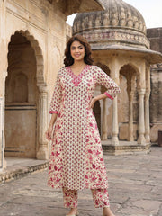 Jaitpuriya Pink And White Pure Cotton A-line Regular Kurta Set