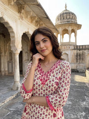 Jaitpuriya Pink And White Pure Cotton A-line Regular Kurta Set