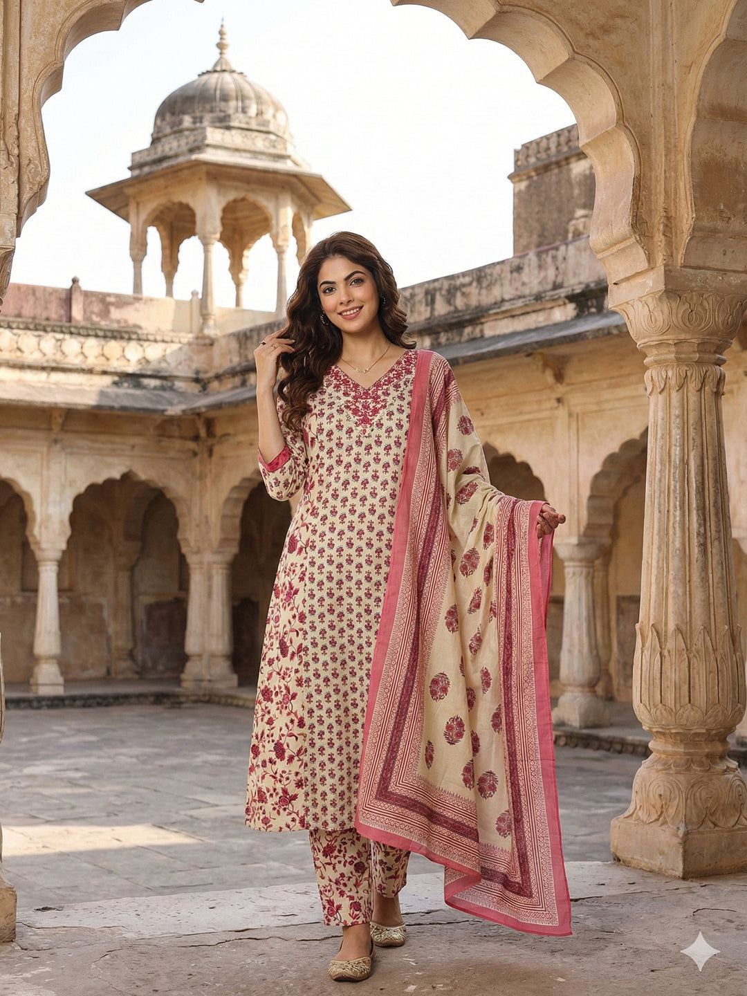 Jaitpuriya Pink And White Pure Cotton A-line Regular Kurta Set