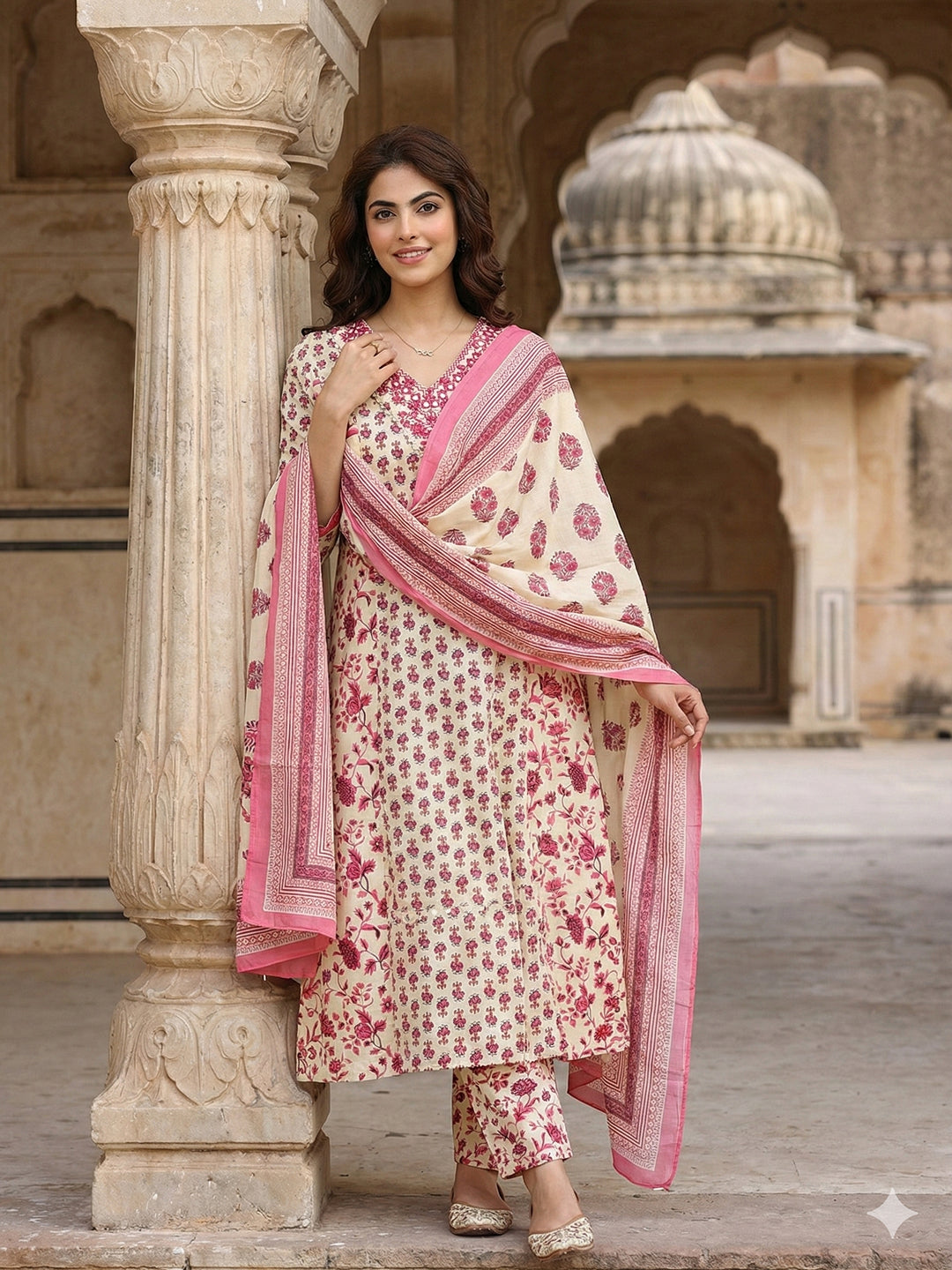 Jaitpuriya Pink And White Pure Cotton A-line Regular Kurta Set