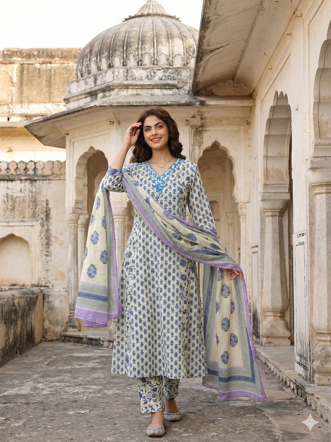 Jaitpuriya Blue And White Pure Cotton A-line Regular Kurta Set