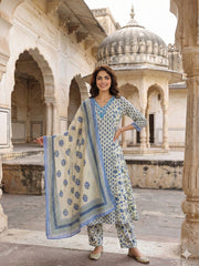 Jaitpuriya Blue And White Pure Cotton A-line Regular Kurta Set