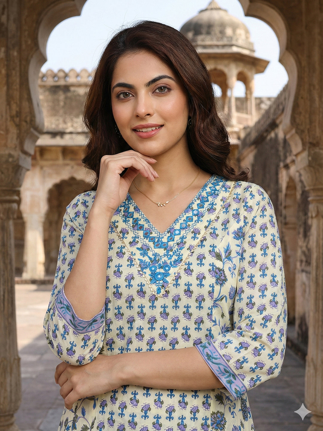 Jaitpuriya Blue And White Pure Cotton A-line Regular Kurta Set