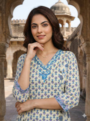 Jaitpuriya Blue And White Pure Cotton A-line Regular Kurta Set