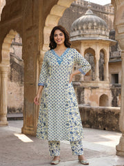 Jaitpuriya Blue And White Pure Cotton A-line Regular Kurta Set