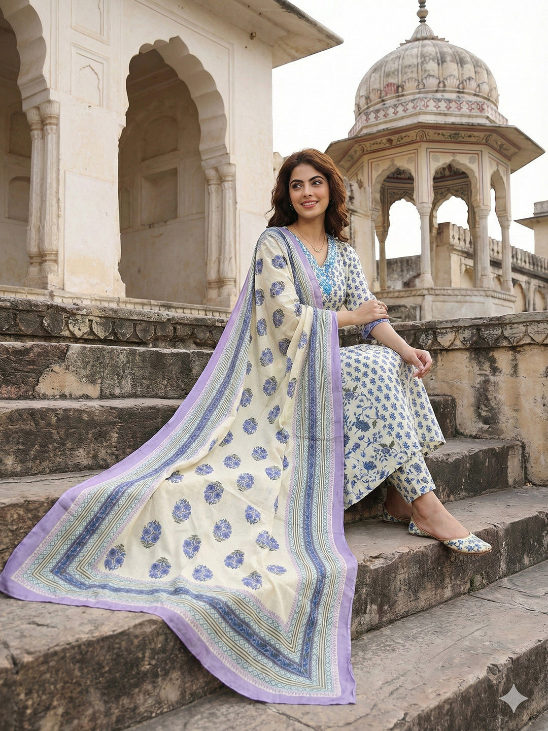 Jaitpuriya Blue And White Pure Cotton A-line Regular Kurta Set