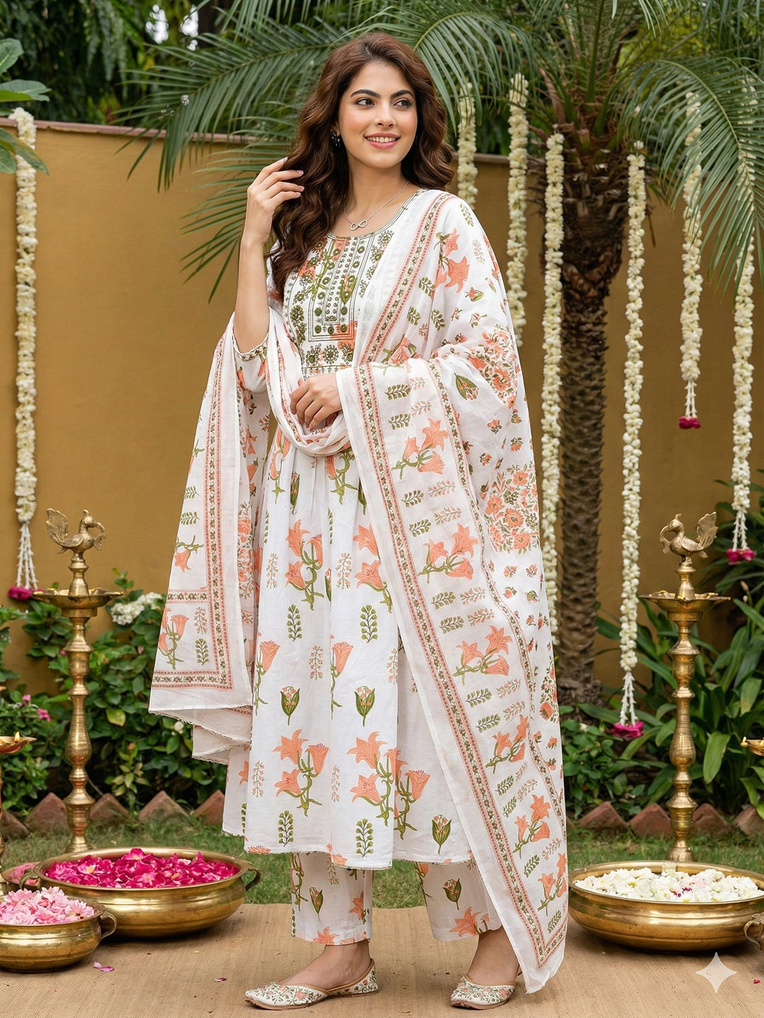 Jaitpuriya Orange And White Pure Cotton Anarkali Pleated Kurta Set