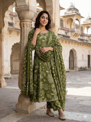 Jaitpuriya Green Pure Cotton Anarkali Angrakha Kurta Set