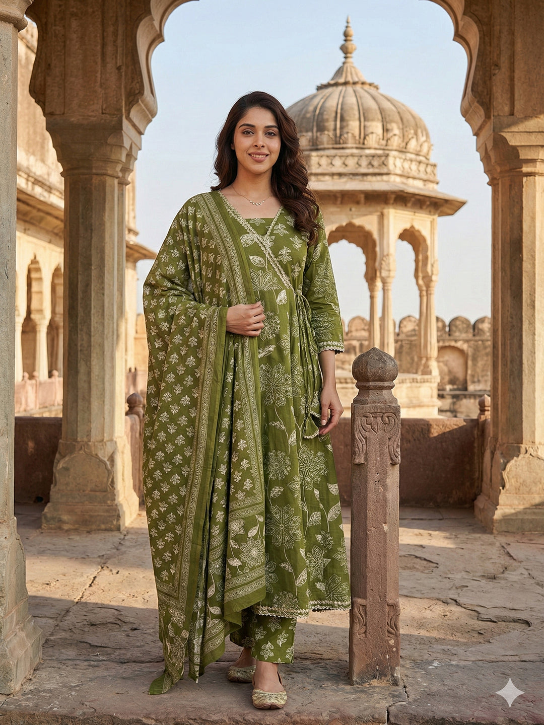 Jaitpuriya Green Pure Cotton Anarkali Angrakha Kurta Set