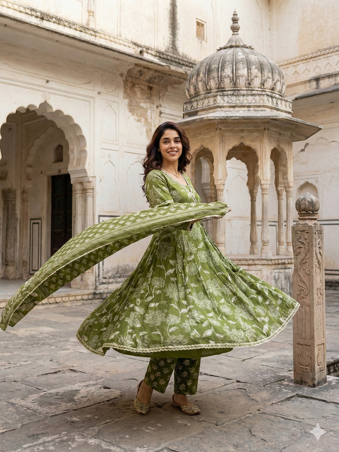 Jaitpuriya Green Pure Cotton Anarkali Angrakha Kurta Set