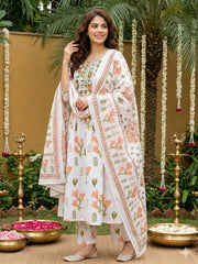 Jaitpuriya Orange And White Pure Cotton Anarkali Pleated Kurta Set