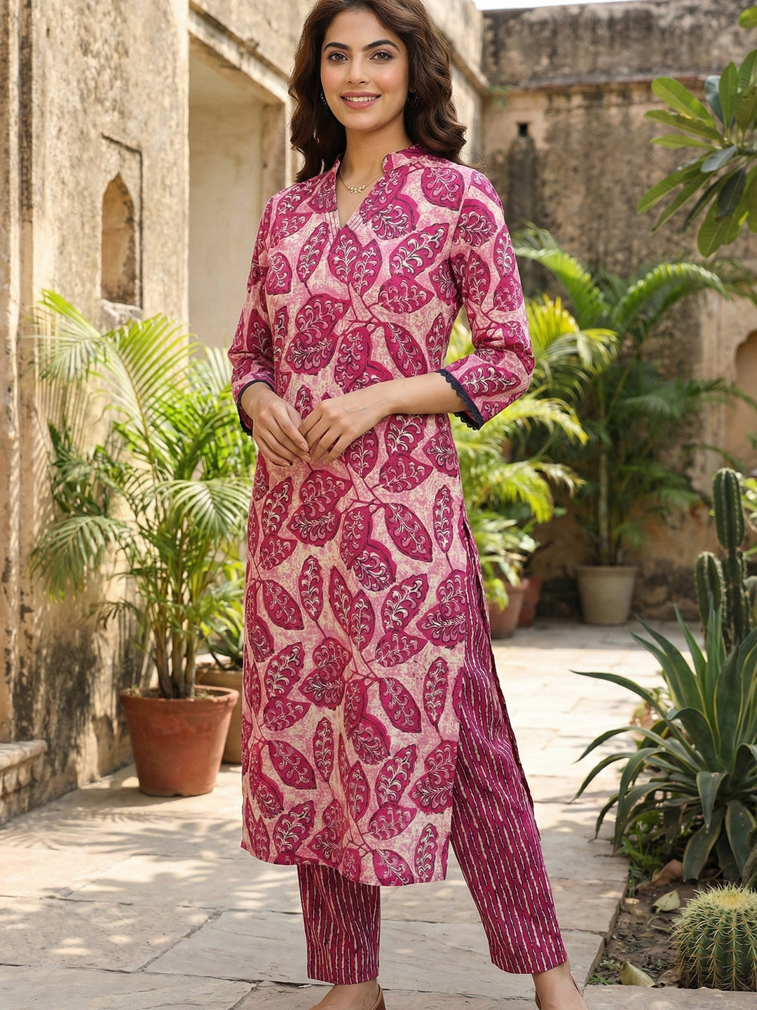 Jaitpuriya Pink Pure Cotton Straight Regular Kurta Set