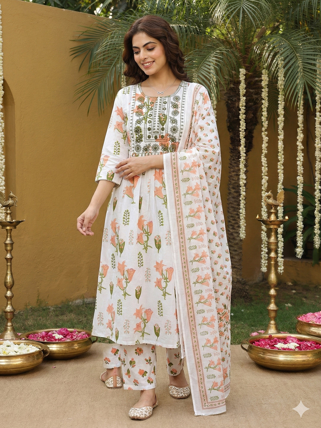 Jaitpuriya Orange And White Pure Cotton Anarkali Pleated Kurta Set