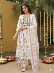 Jaitpuriya Orange And White Pure Cotton Anarkali Pleated Kurta Set