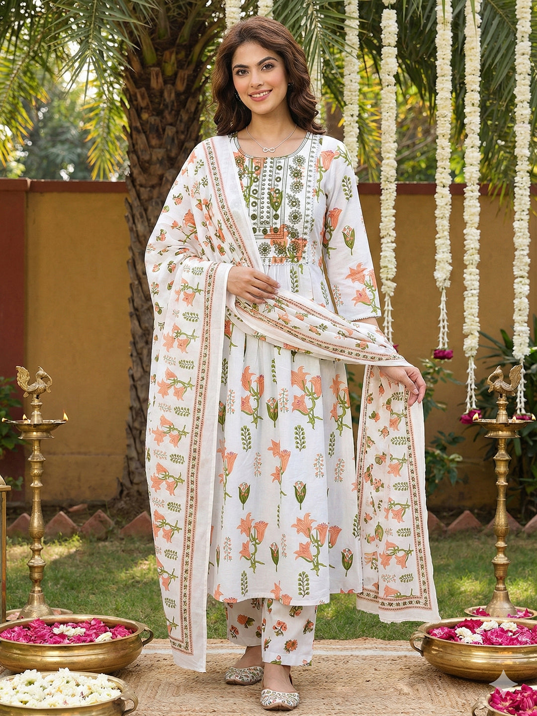Jaitpuriya Orange And White Pure Cotton Anarkali Pleated Kurta Set