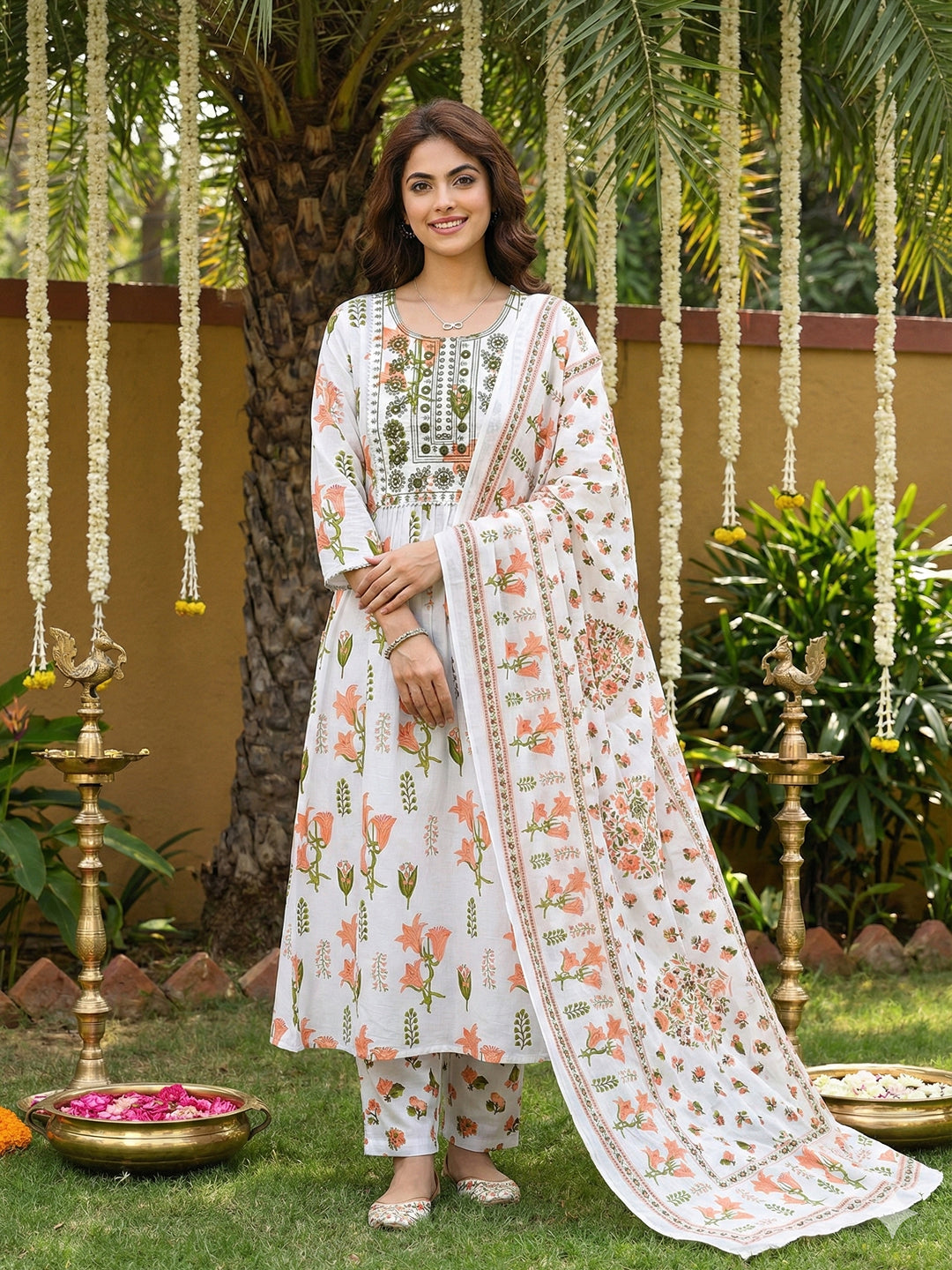 Jaitpuriya Orange And White Pure Cotton Anarkali Pleated Kurta Set