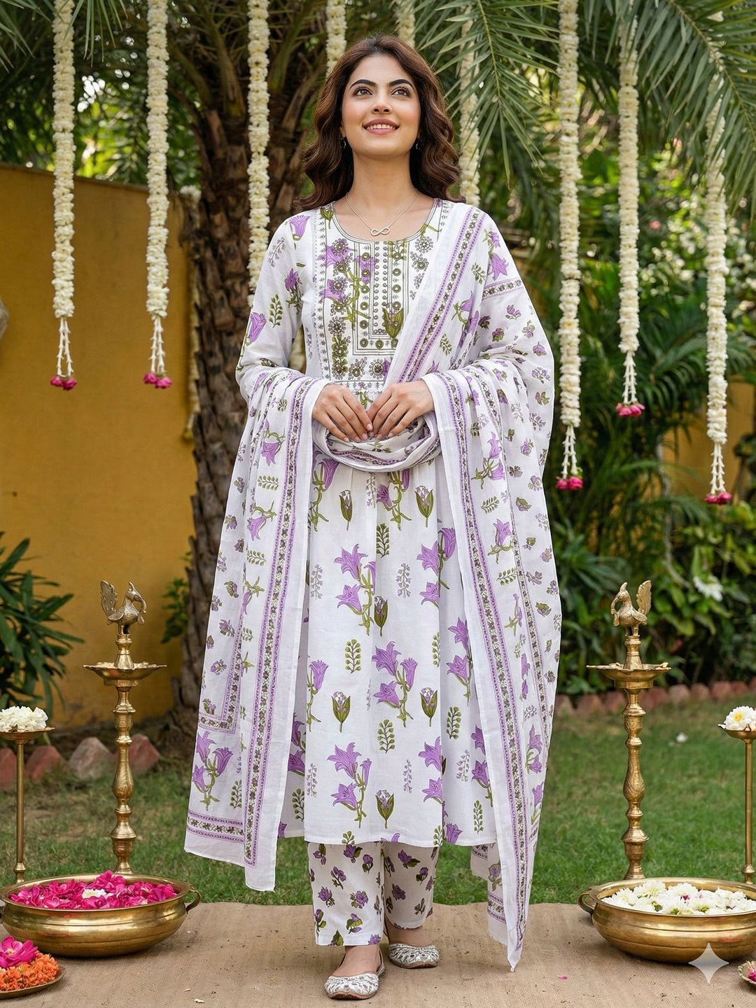 Jaitpuriya Purple And White Pure Cotton Anarkali Pleated Kurta Set