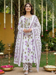 Jaitpuriya Purple And White Pure Cotton Anarkali Pleated Kurta Set