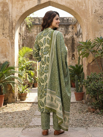 Jaitpuriya Green Pure Cotton Straight Regular Kurta Set