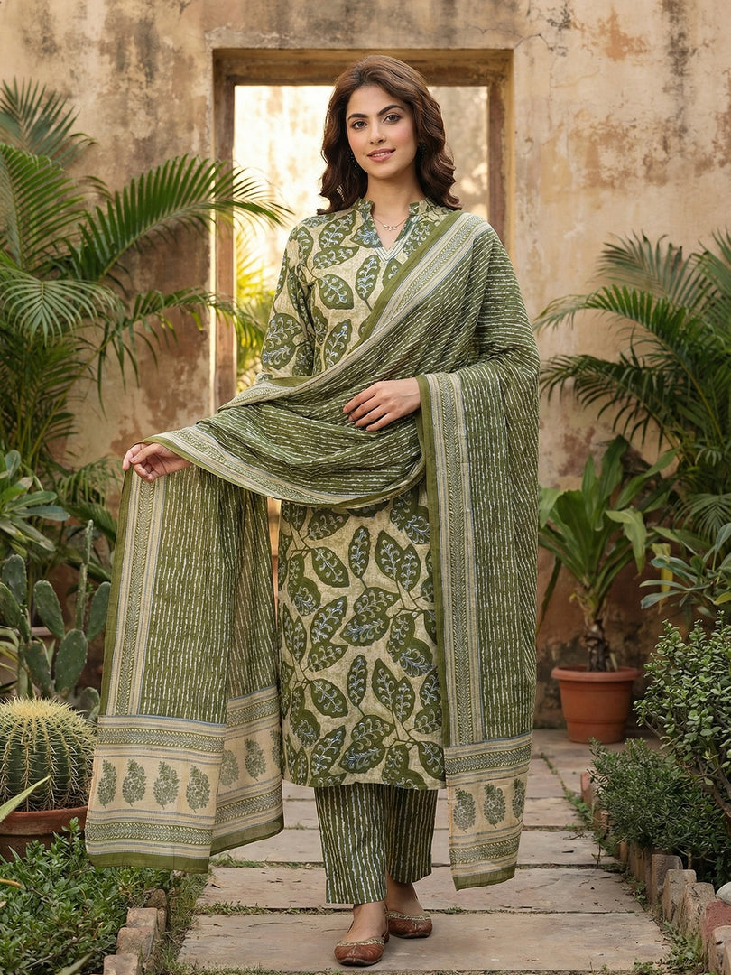 Jaitpuriya Green Pure Cotton Straight Regular Kurta Set