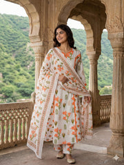 Jaitpuriya Orange And White Pure Cotton A-line Pleated Kurta Set