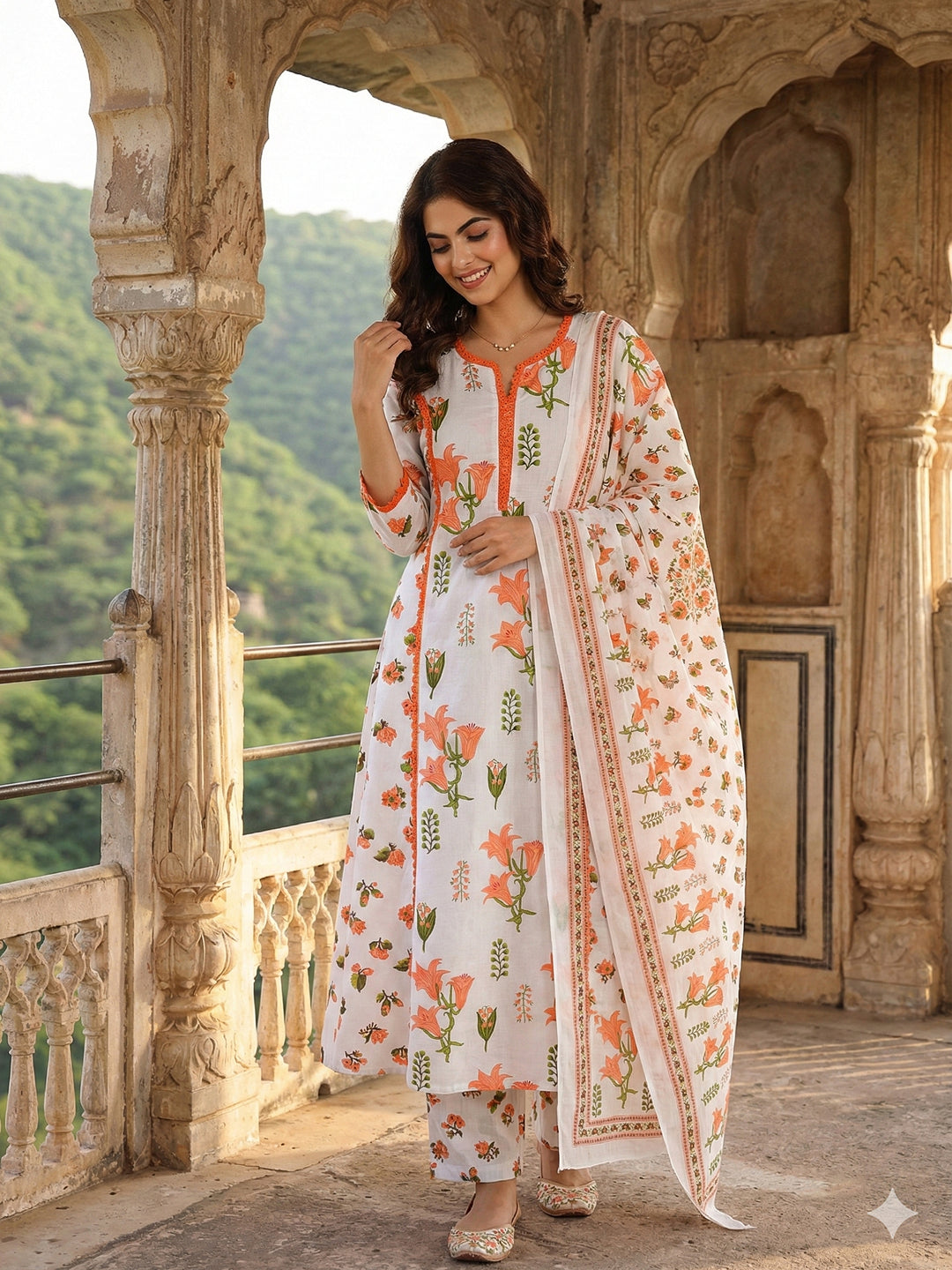 Jaitpuriya Orange And White Pure Cotton A-line Pleated Kurta Set