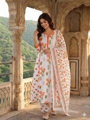 Jaitpuriya Orange And White Pure Cotton A-line Pleated Kurta Set