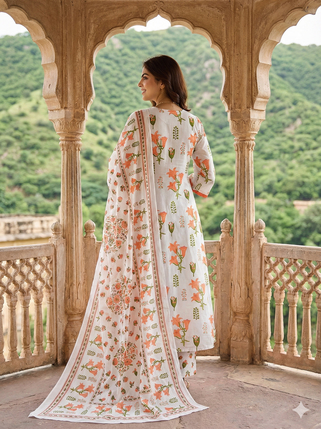 Jaitpuriya Orange And White Pure Cotton A-line Pleated Kurta Set