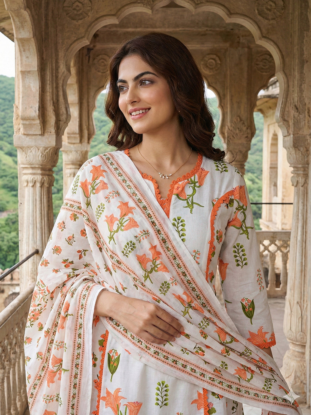 Jaitpuriya Orange And White Pure Cotton A-line Pleated Kurta Set