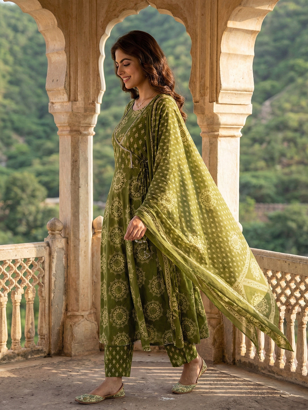 Jaitpuriya Olive Green Pure Cotton Anarkali Angrakha Kurta Set