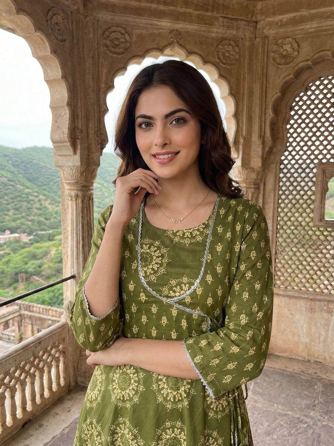 Jaitpuriya Olive Green Pure Cotton Anarkali Angrakha Kurta Set