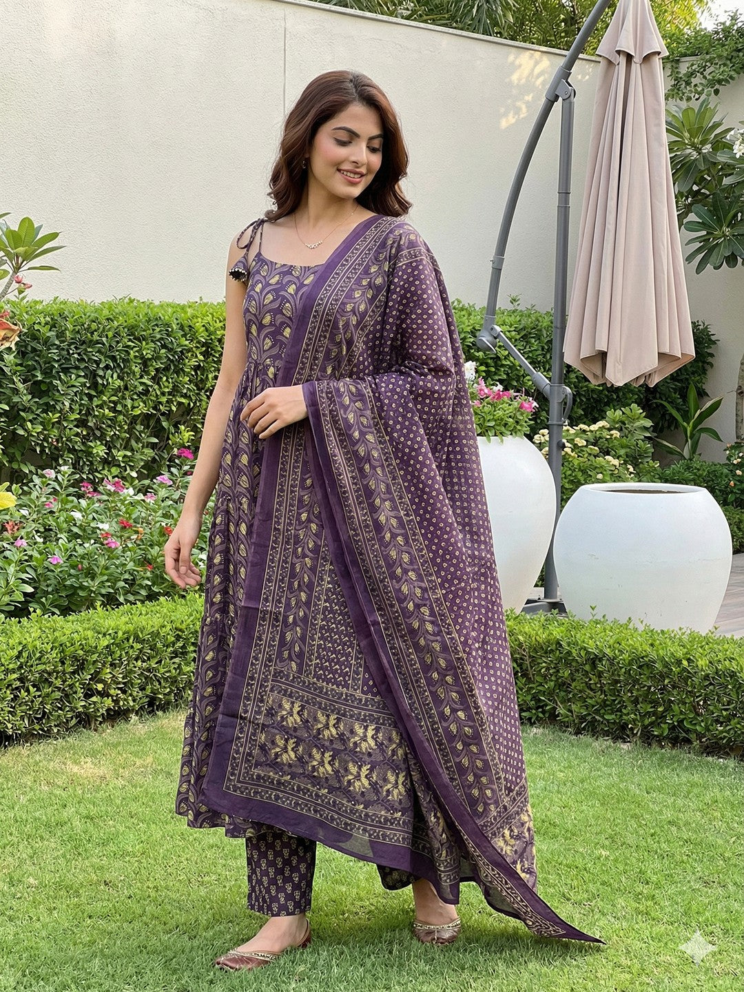 Jaitpuriya Purple Pure Cotton Anarkali Pleated Tierd Kurta Set