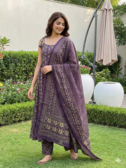 Jaitpuriya Purple Pure Cotton Anarkali Pleated Tierd Kurta Set