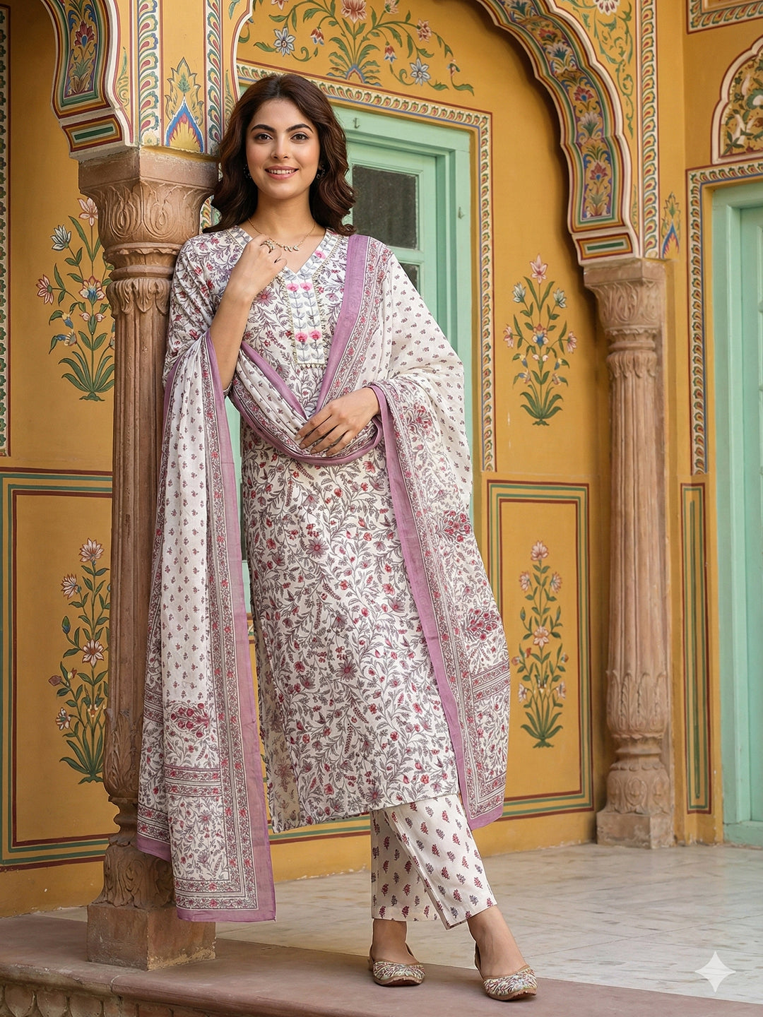 Jaitpuriya Purple And White Pure Cotton Straight Regular Kurta Set