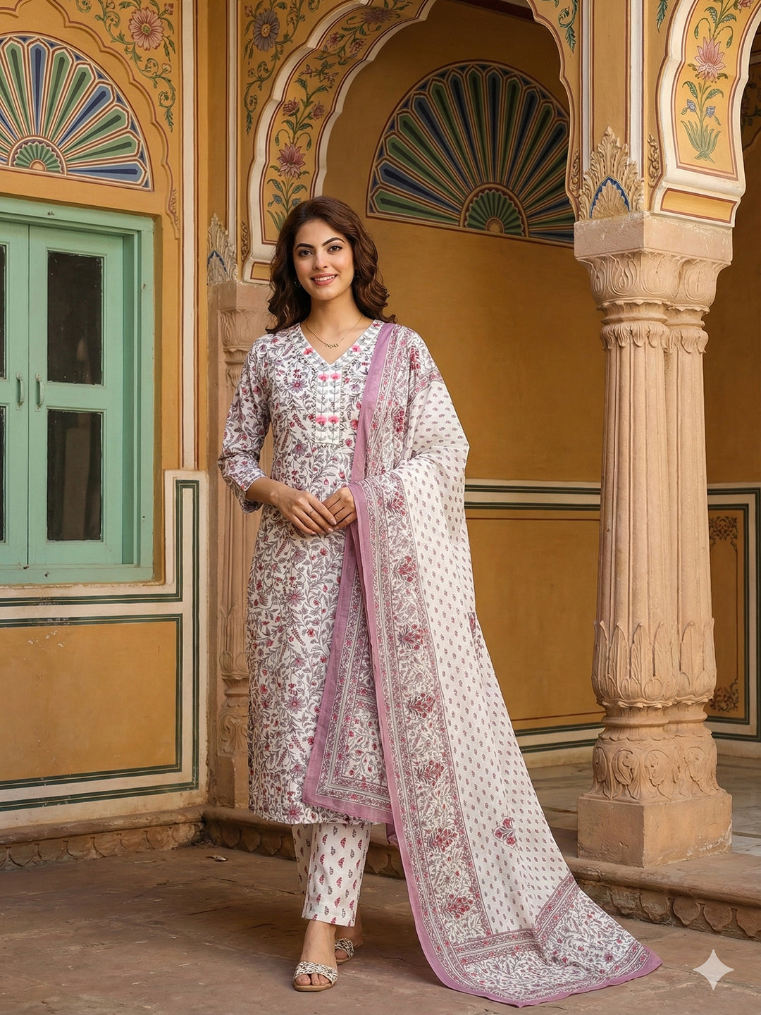 Jaitpuriya Purple And White Pure Cotton Straight Regular Kurta Set