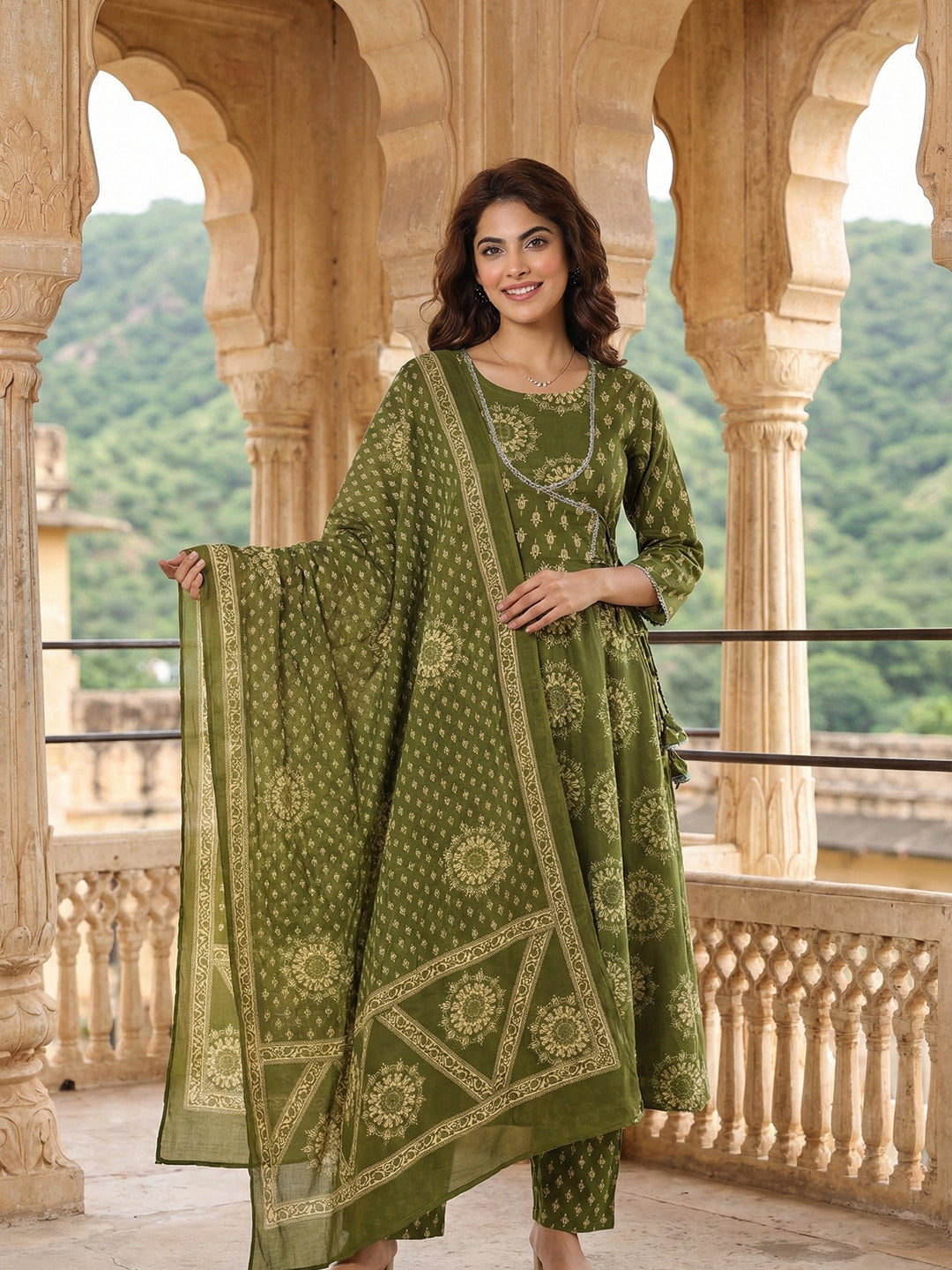 Jaitpuriya Olive Green Pure Cotton Anarkali Angrakha Kurta Set