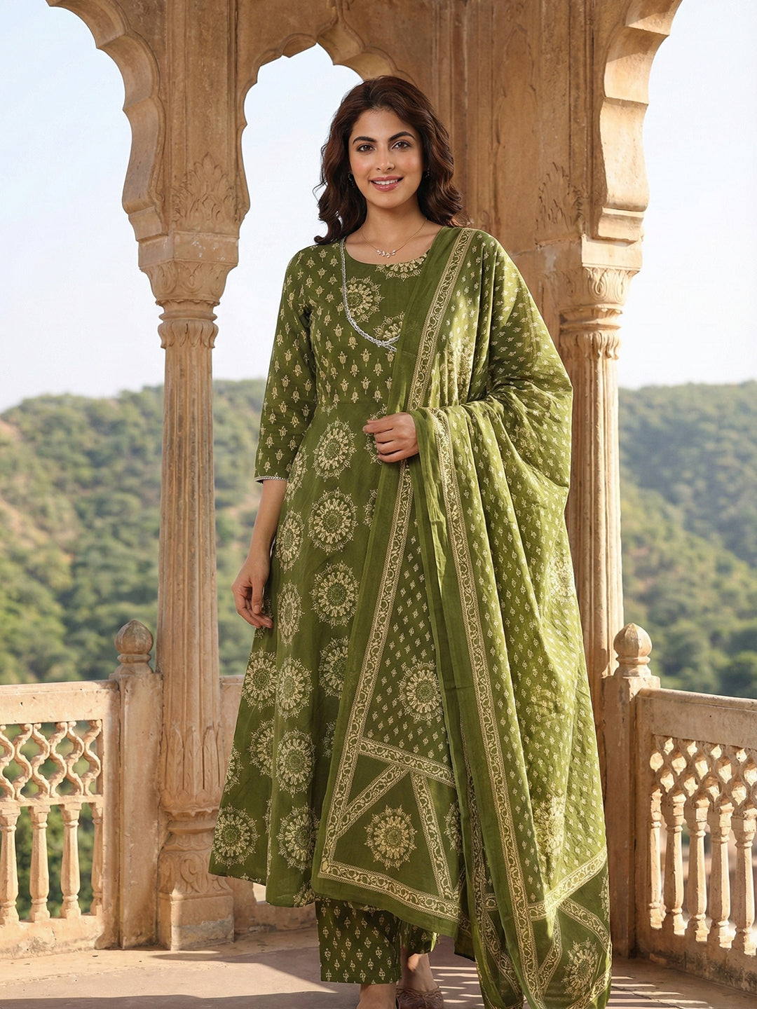 Jaitpuriya Olive Green Pure Cotton Anarkali Angrakha Kurta Set