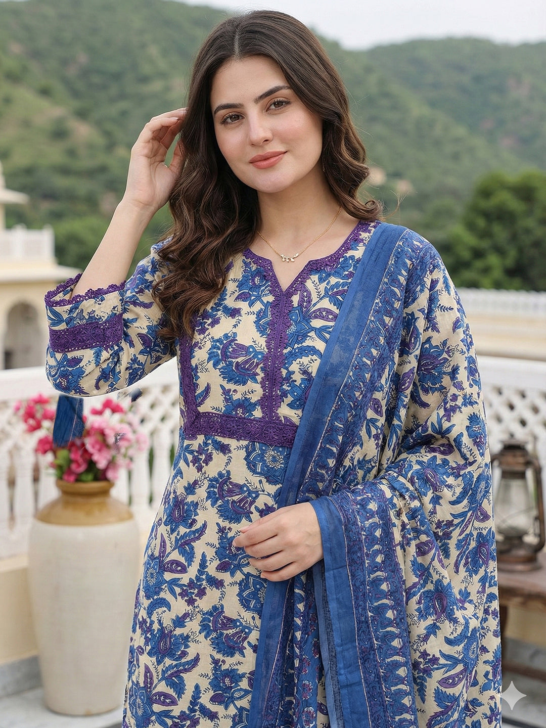 Jaitpuriya Blue Pure Cotton Straight Regular Kurta Set