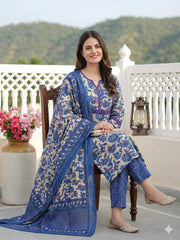 Jaitpuriya Blue Pure Cotton Straight Regular Kurta Set