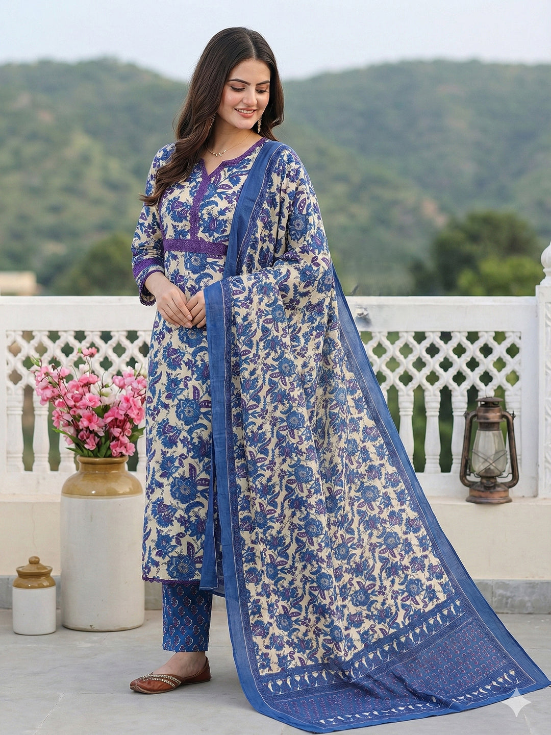 Jaitpuriya Blue Pure Cotton Straight Regular Kurta Set