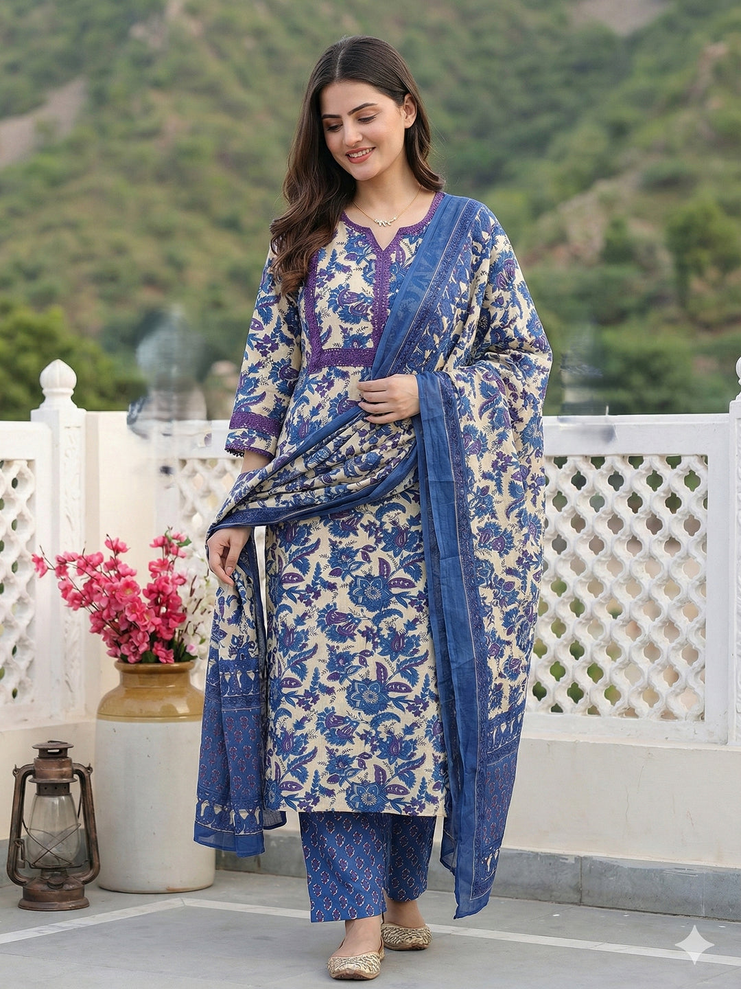 Jaitpuriya Blue Pure Cotton Straight Regular Kurta Set