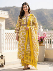 Jaitpuriya Yellow Pure Cotton Straight Regular Kurta Set