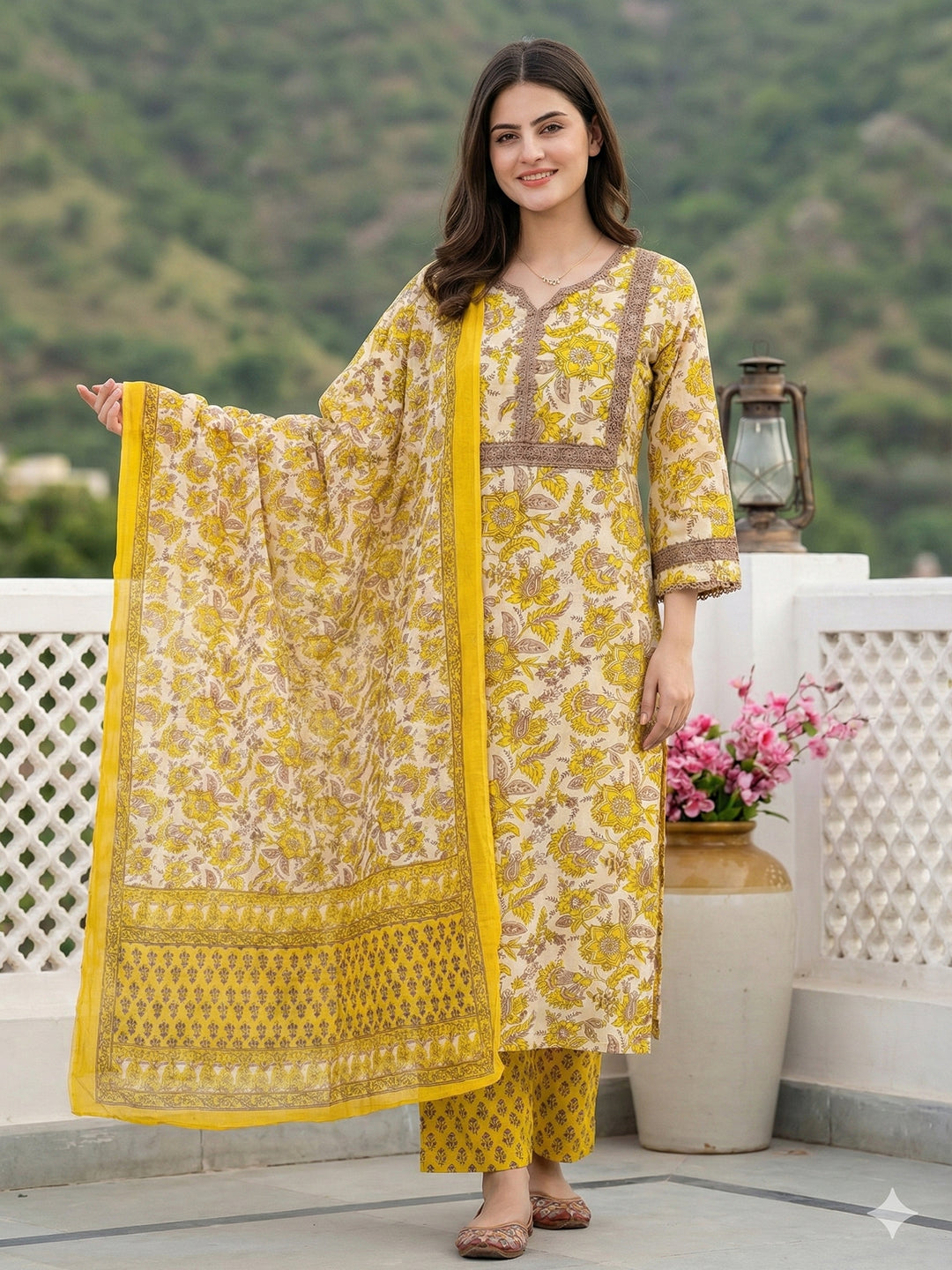 Jaitpuriya Yellow Pure Cotton Straight Regular Kurta Set