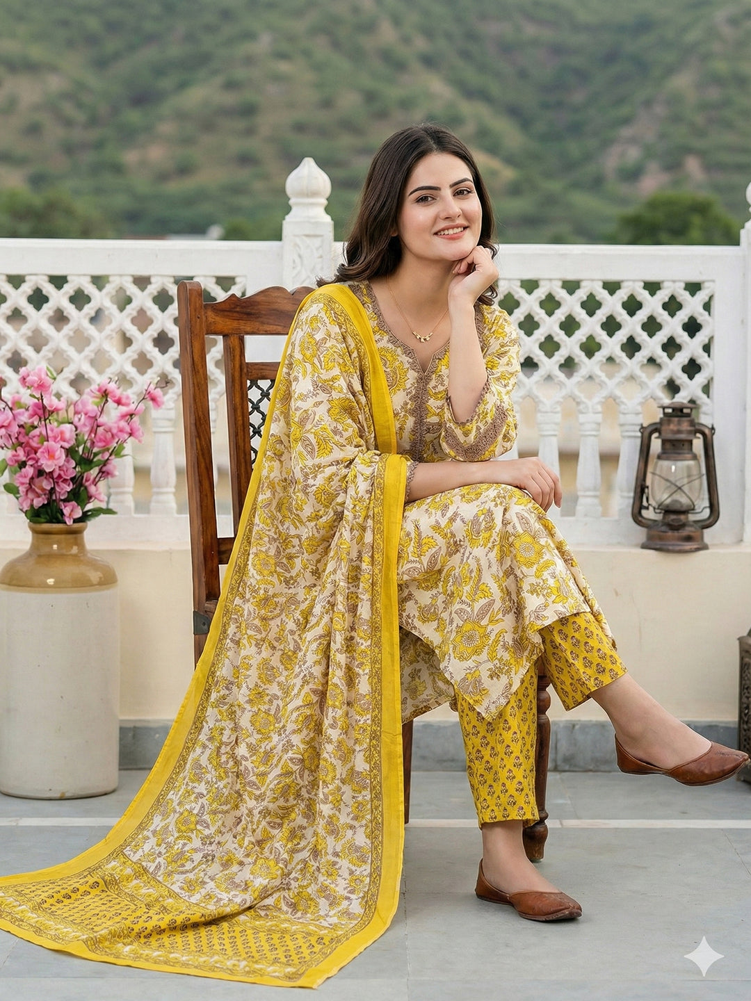 Jaitpuriya Yellow Pure Cotton Straight Regular Kurta Set