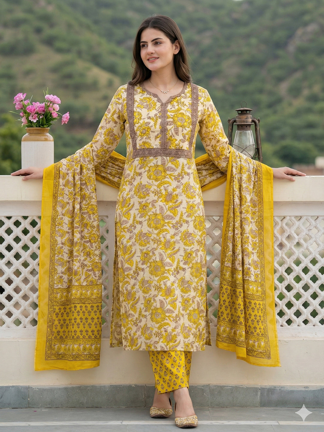 Jaitpuriya Yellow Pure Cotton Straight Regular Kurta Set