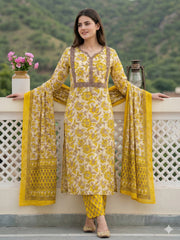 Jaitpuriya Yellow Pure Cotton Straight Regular Kurta Set