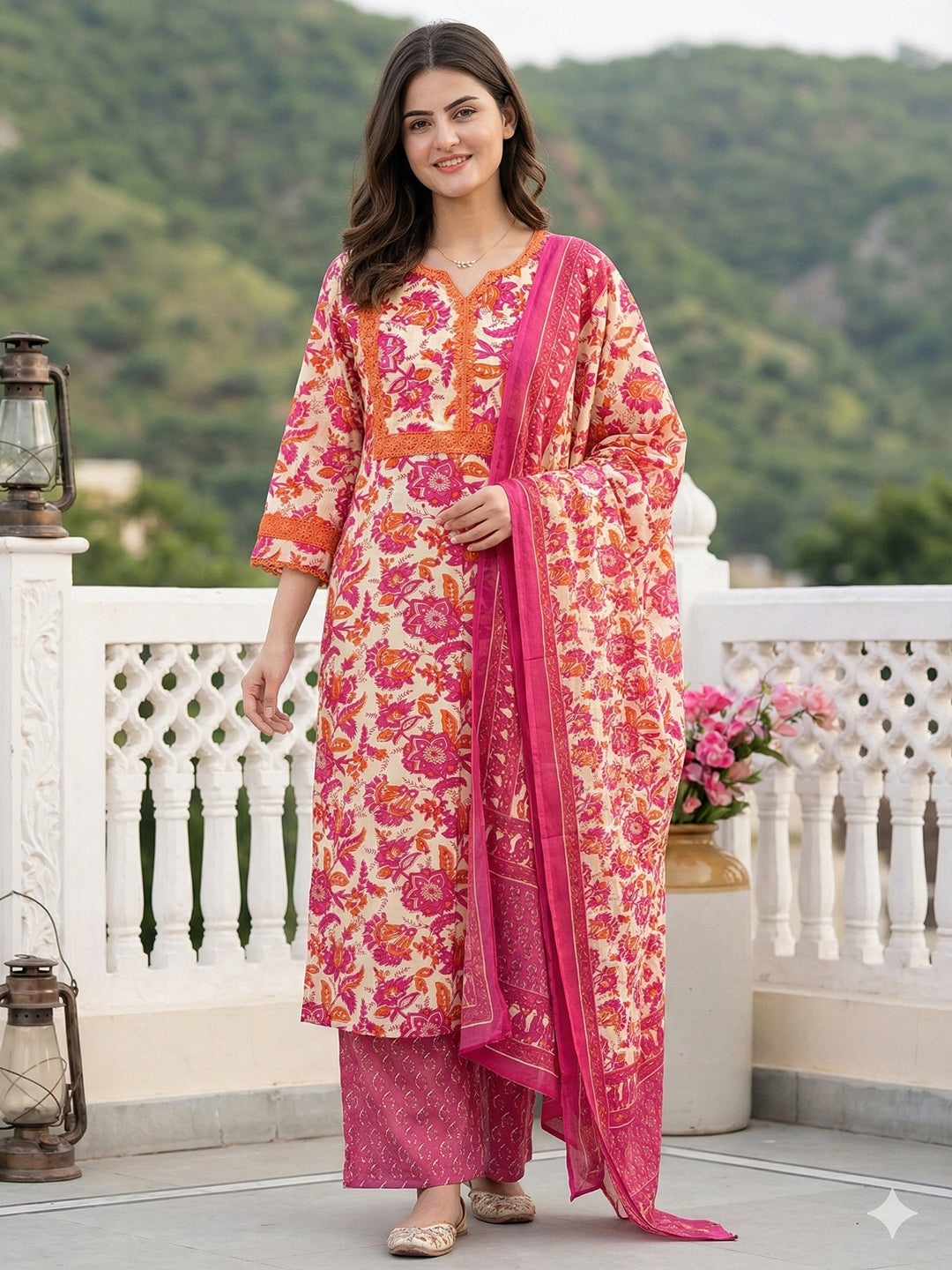 Jaitpuriya Pink Pure Cotton Straight Regular Kurta Set